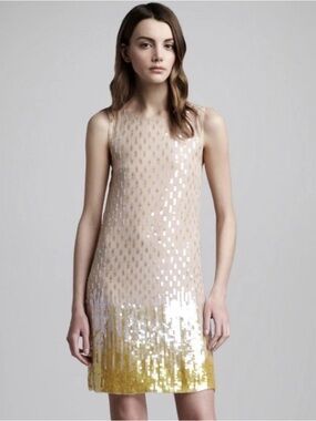 Alice + Olivia Nude and Yellow Sequin Shift Dress